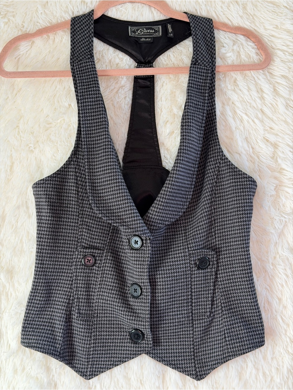 Vintage Womens Guess Houndstooth Racerback Vest L Grey Y2K Stretch Waistcoat Top